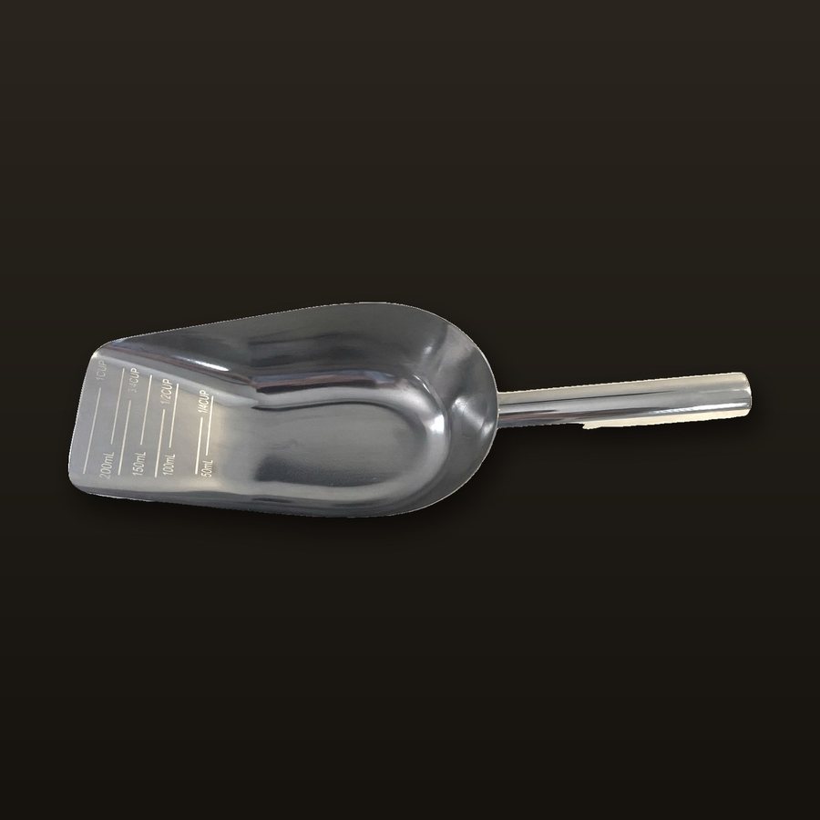 Stainless steel food scoop with cup and milliliter markings