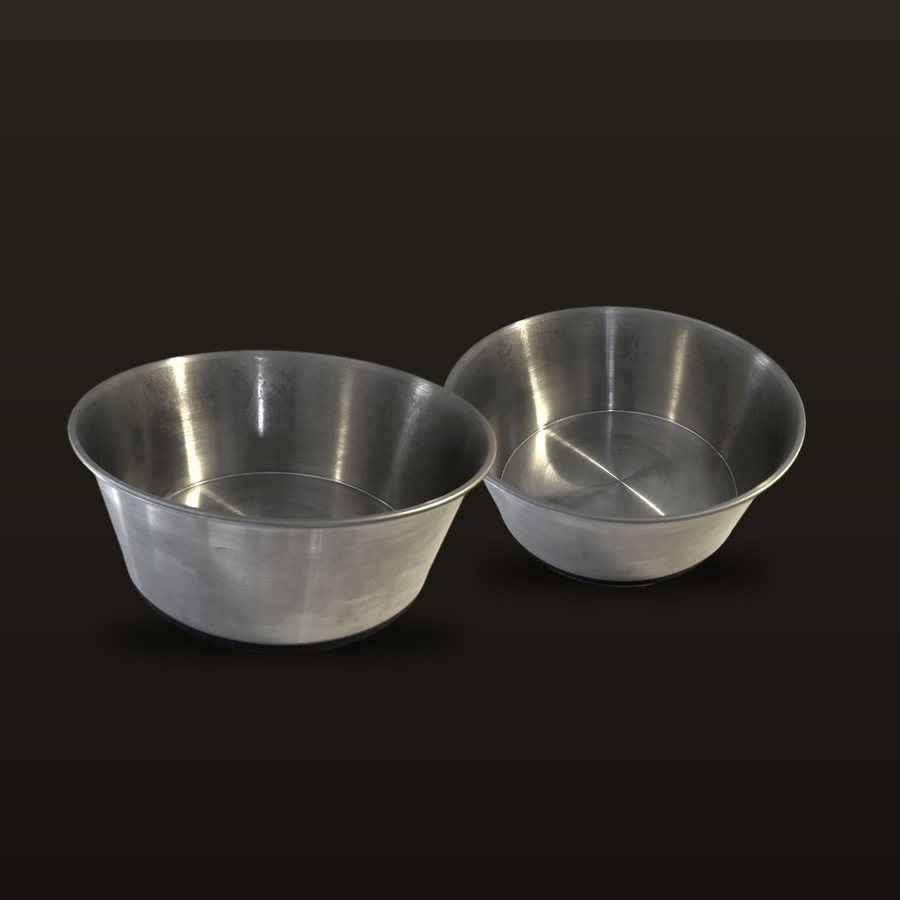 Two stainless steel dog bowls with black rubber bases