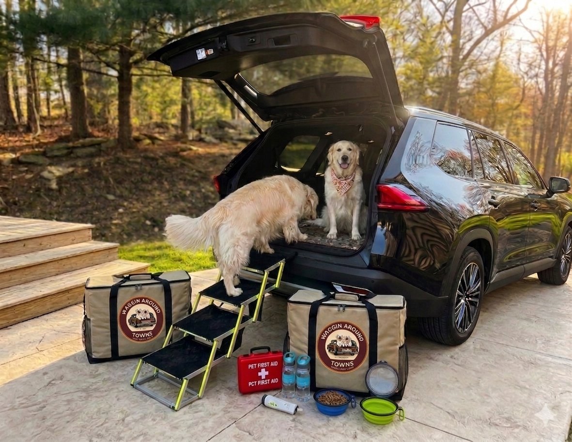 Sawyer and Theo loaded in the open trunk with WAT gear at golden hour