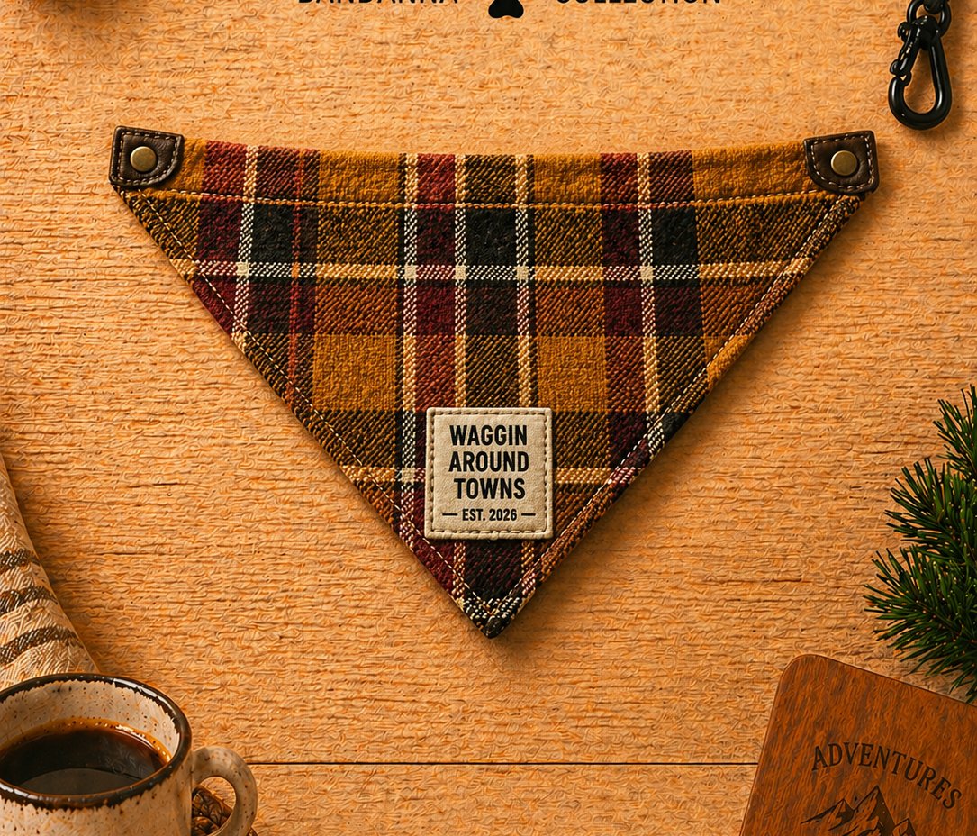Cardinal bandanna — orange and burgundy plaid weave with woven brand patch