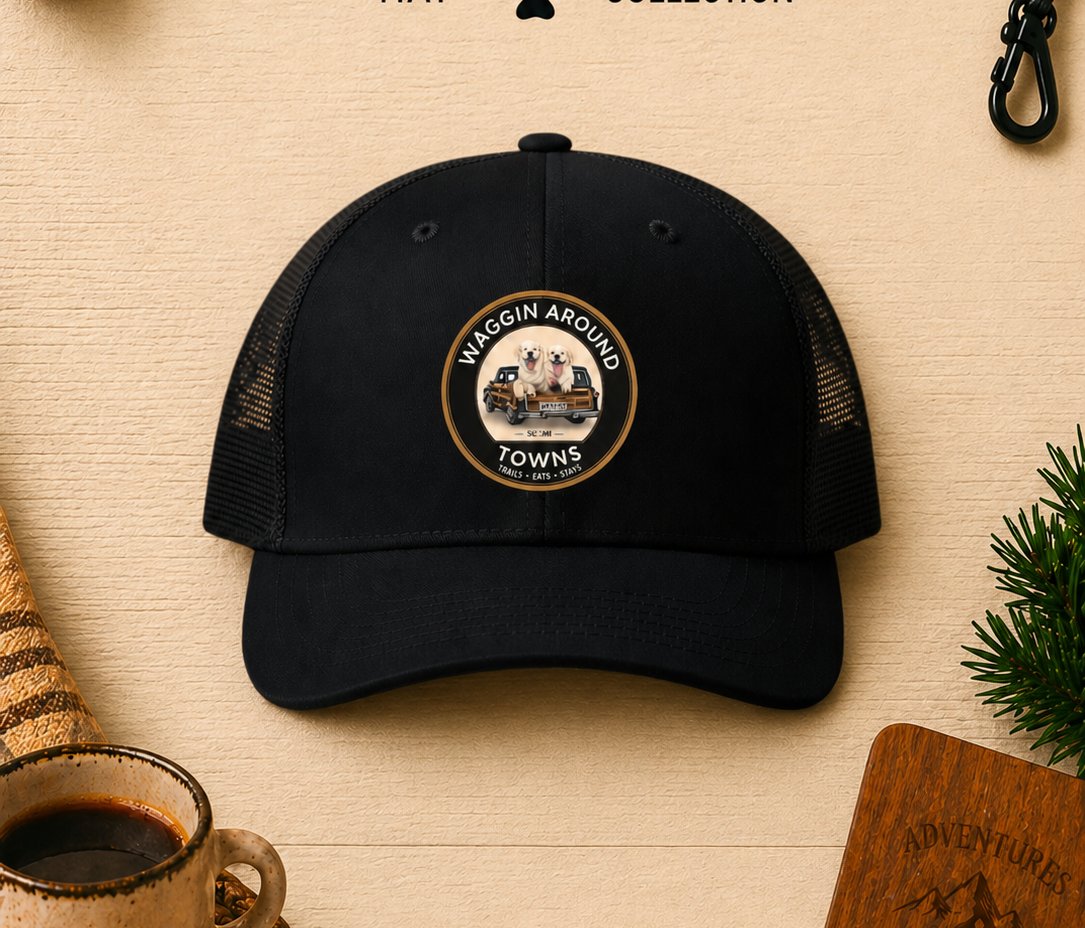 Captain hat — solid black trucker with full WAT patch front