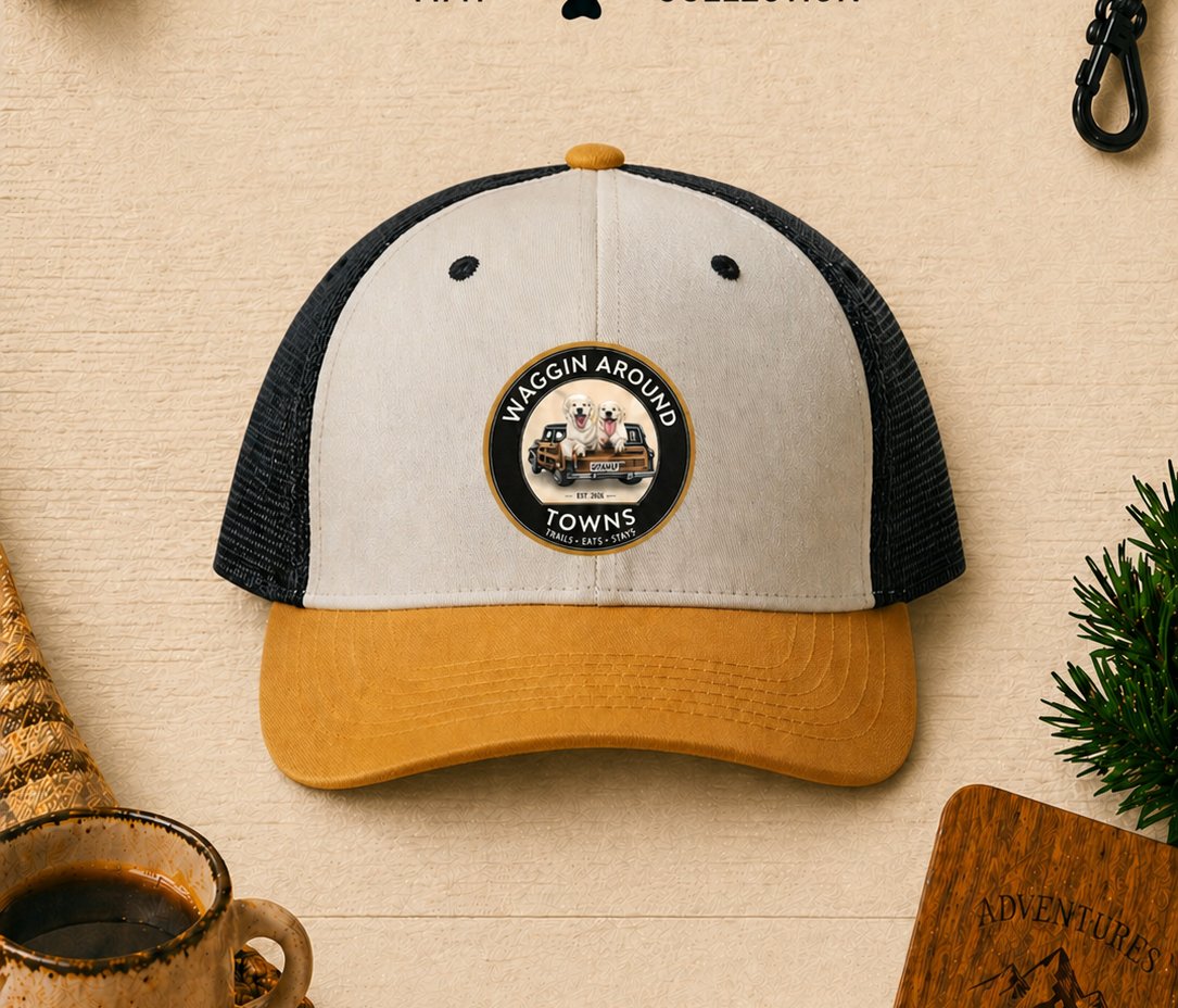 Drifter hat — cream crown with amber brim and mesh back