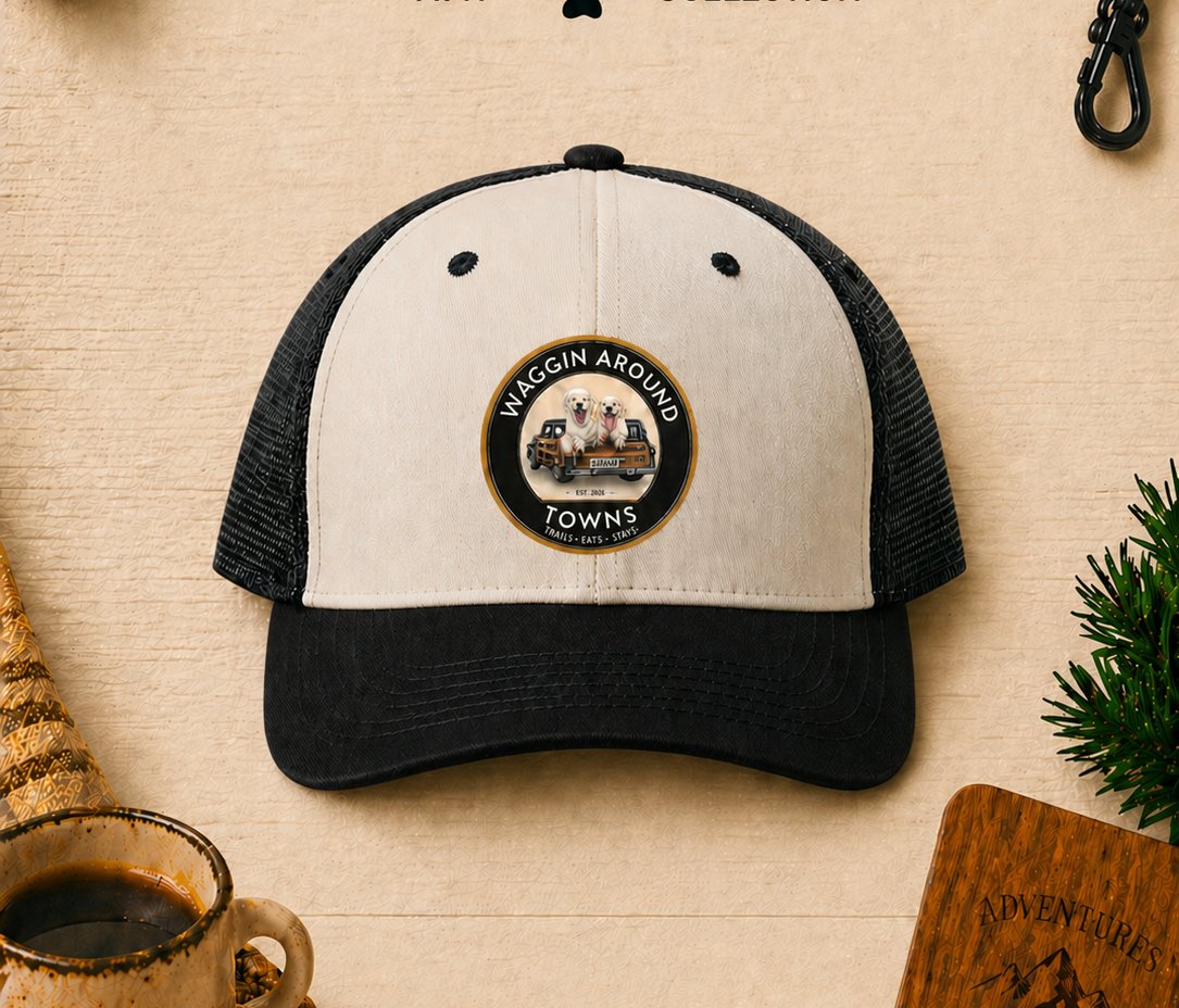 Tuxedo hat — cream crown with black brim and mesh back