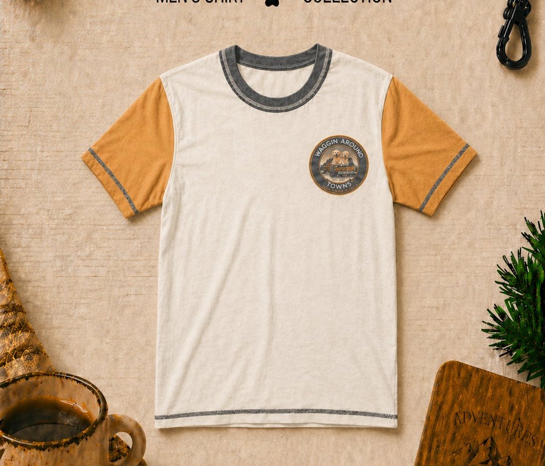 Drifter men's shirt — cream body with amber sleeves and charcoal ringer