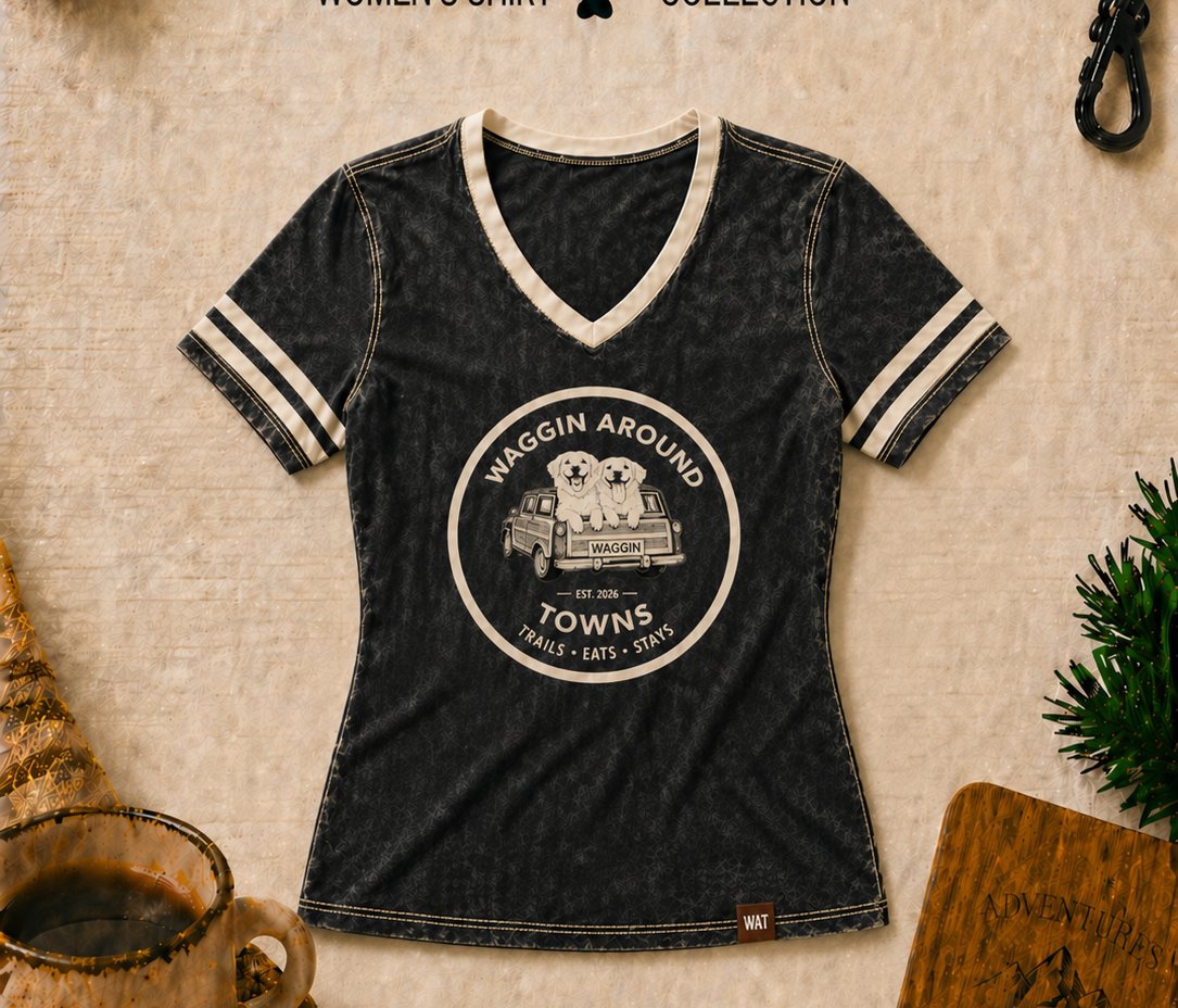 Tuxedo women's shirt — black V-neck with cream stripe sleeves and center badge