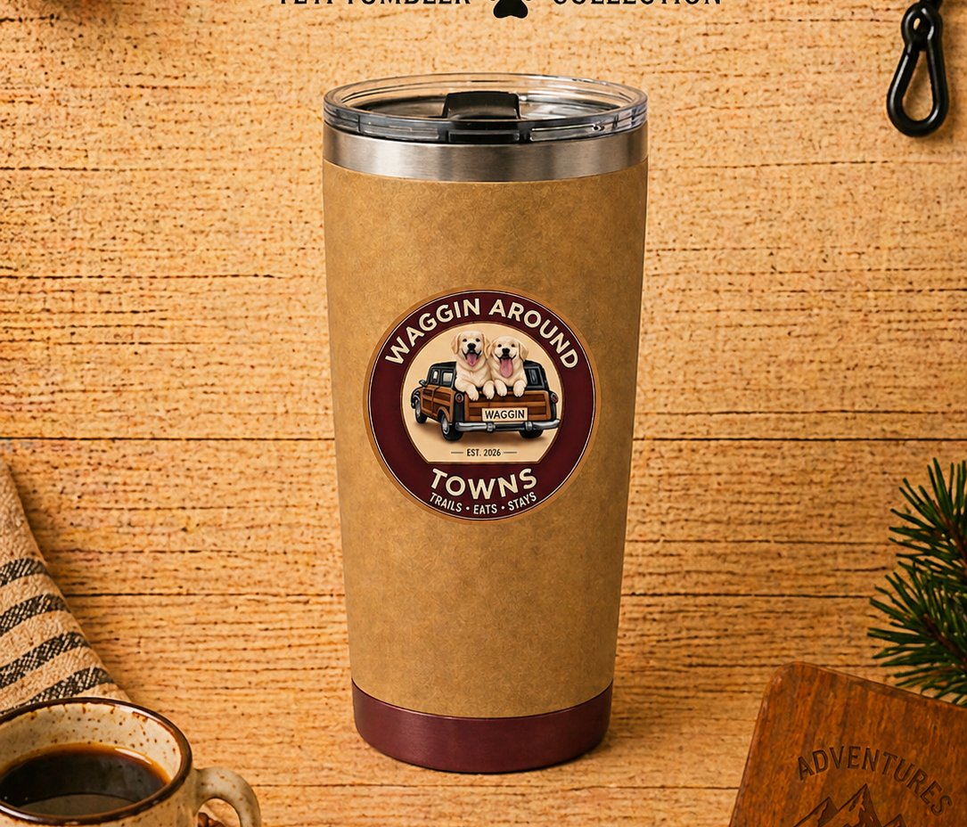 Drifter Yeti tumbler — sand body with burgundy base and WAT badge